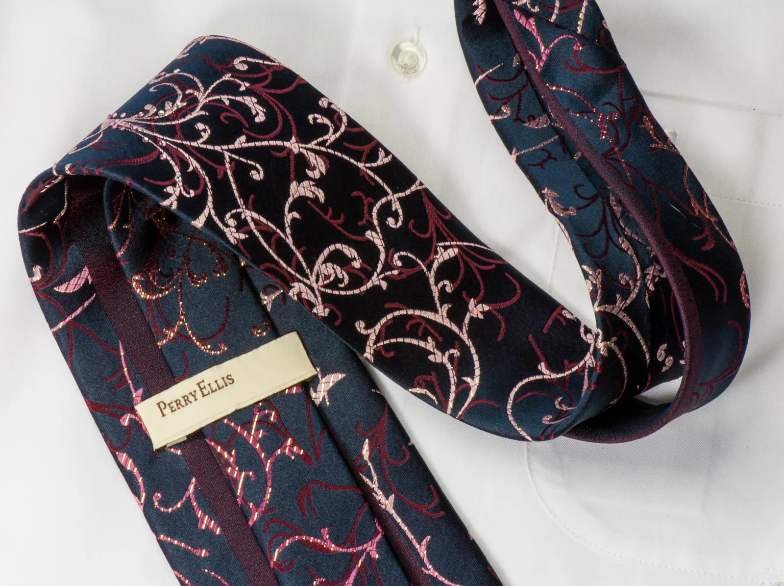 Perry Ellis Rhinestone Silk Tie Burgundy Vines On Navy With Golden Sparkles - Image 2