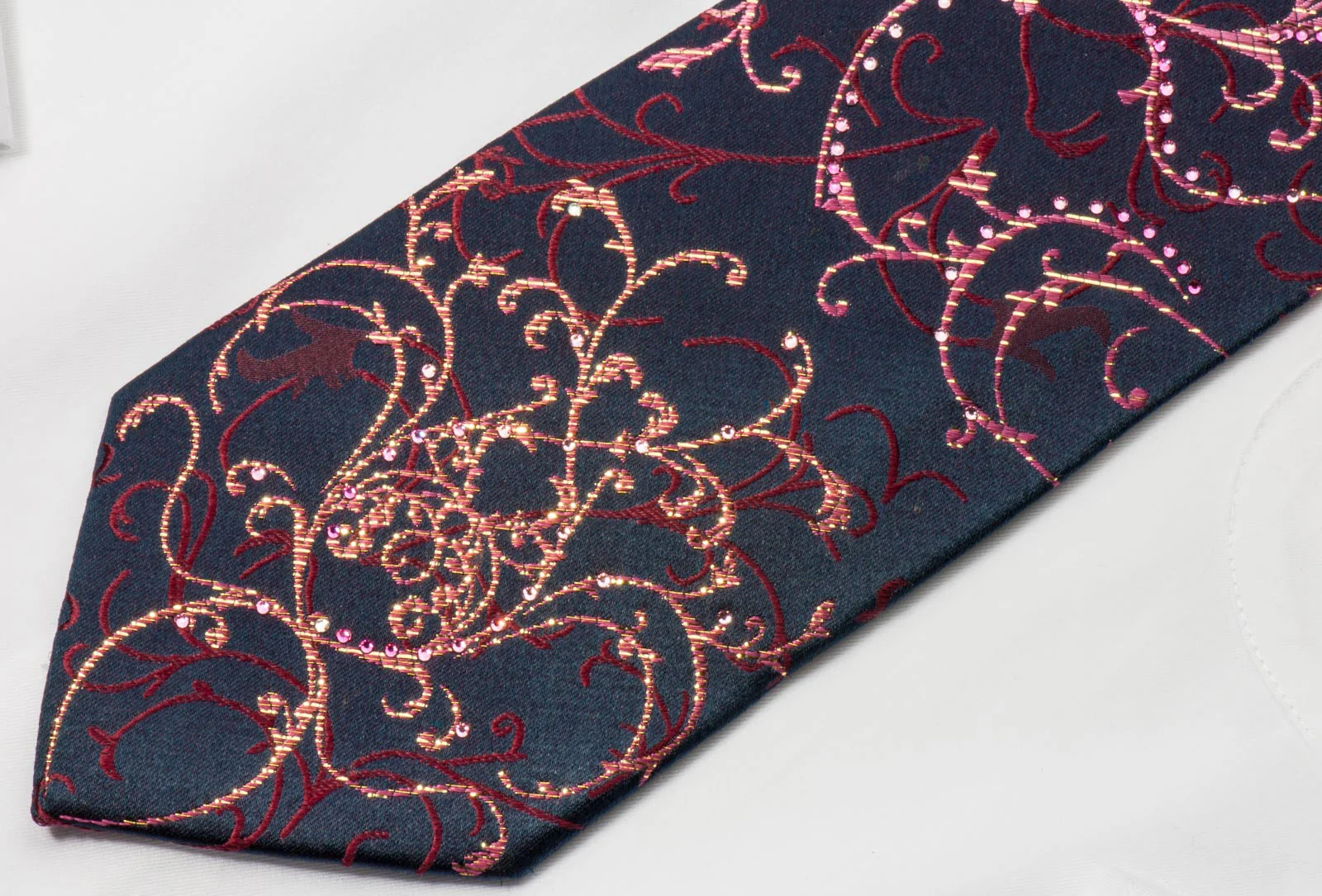 Perry Ellis Rhinestone Silk Tie Burgundy Vines On Navy With Golden Sparkles - Image 3