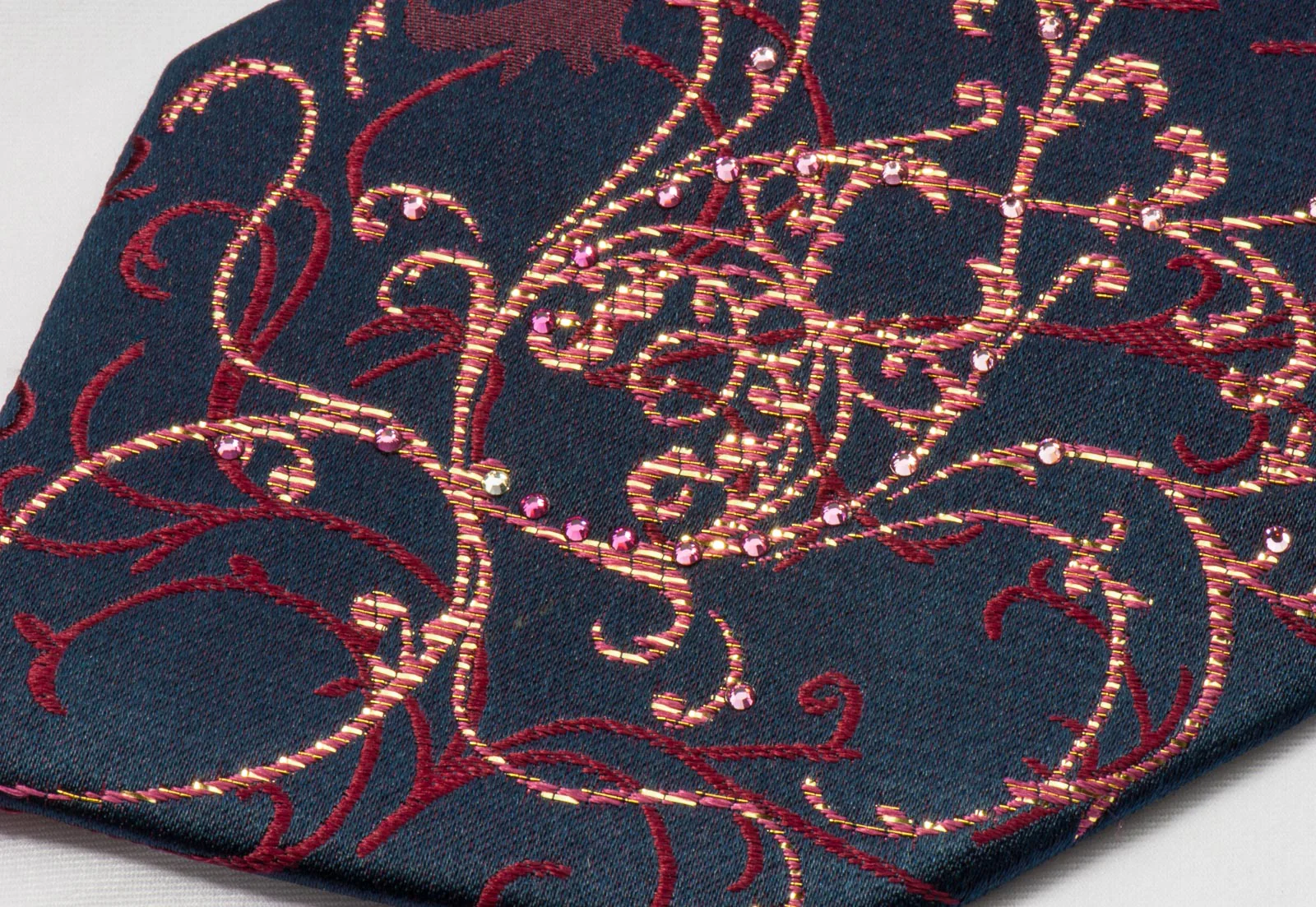 Perry Ellis Rhinestone Silk Tie Burgundy Vines On Navy With Golden Sparkles - Image 4