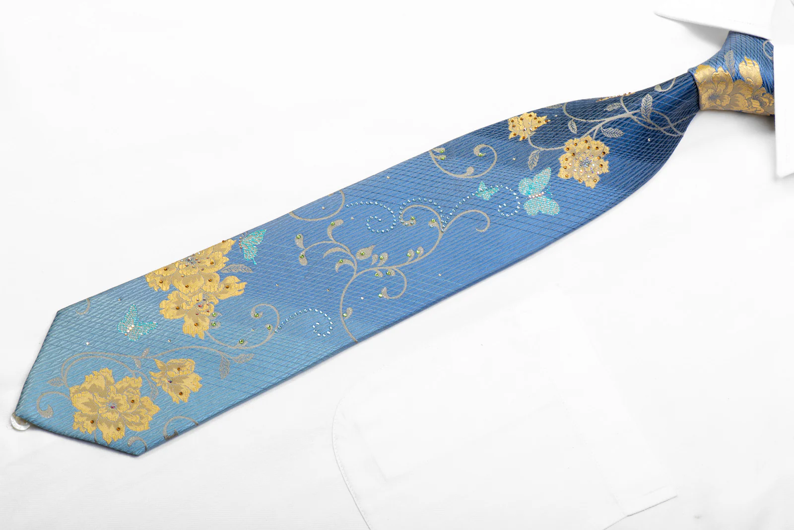 Perry Ellis Rhinestone Silk Tie Gold Floral Butterfly Scrolls On Blue With Sparkles - Image 3