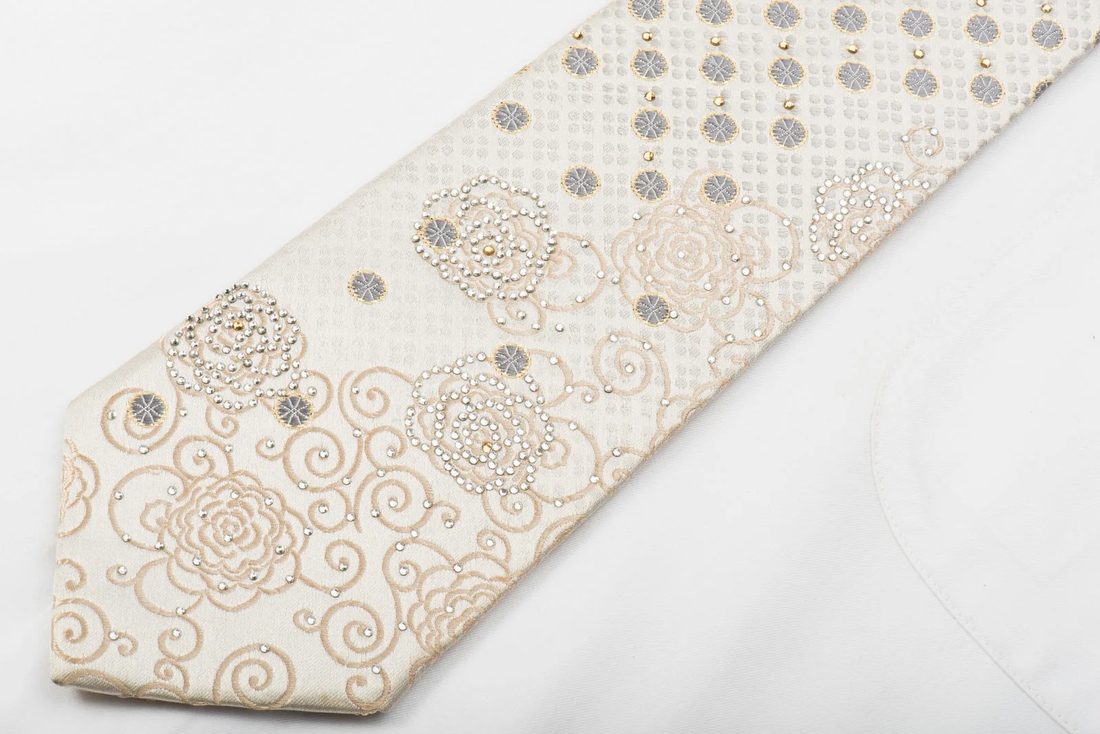 Perry Ellis Rhinestone Silk Tie Golden Floral On Ivory White With Gold Sparkles - Image 3