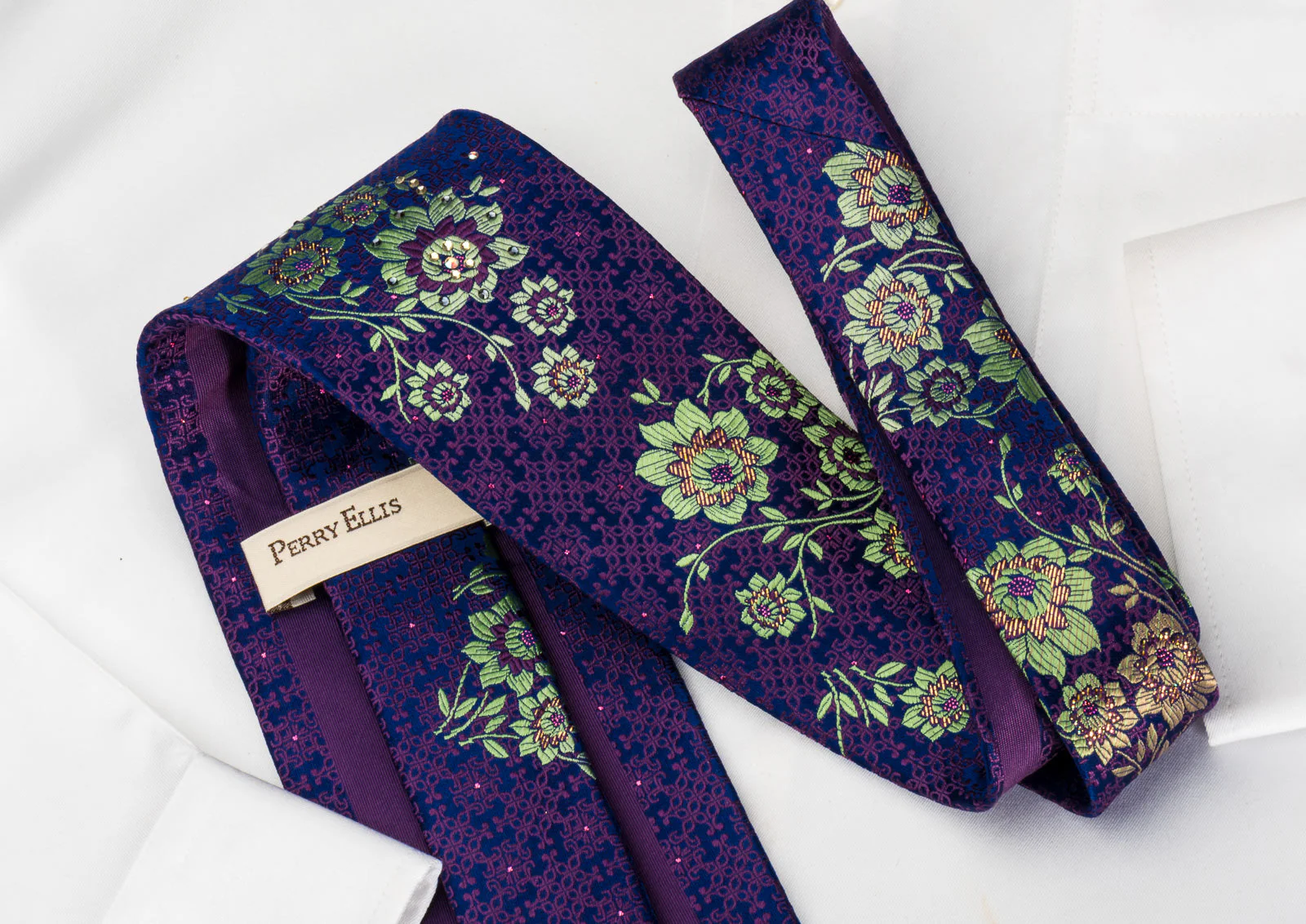 Perry Ellis Rhinestone Silk Tie Green Floral On Purple With Golden Sparkles - Image 8