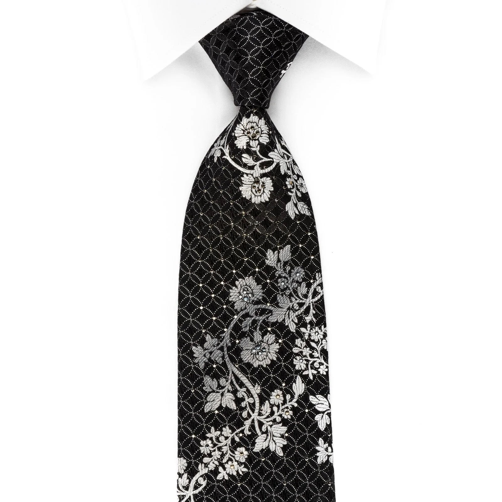 Perry Ellis Rhinestone Silk Tie Silver Floral On Black With Silver Sparkles