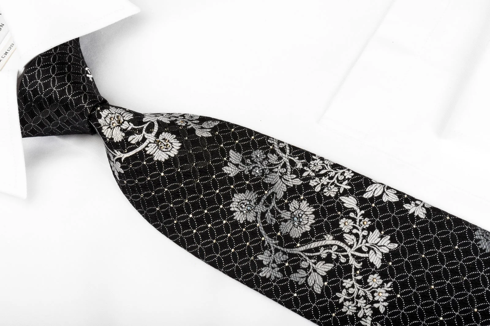 Perry Ellis Rhinestone Silk Tie Silver Floral On Black With Silver Sparkles - Image 3