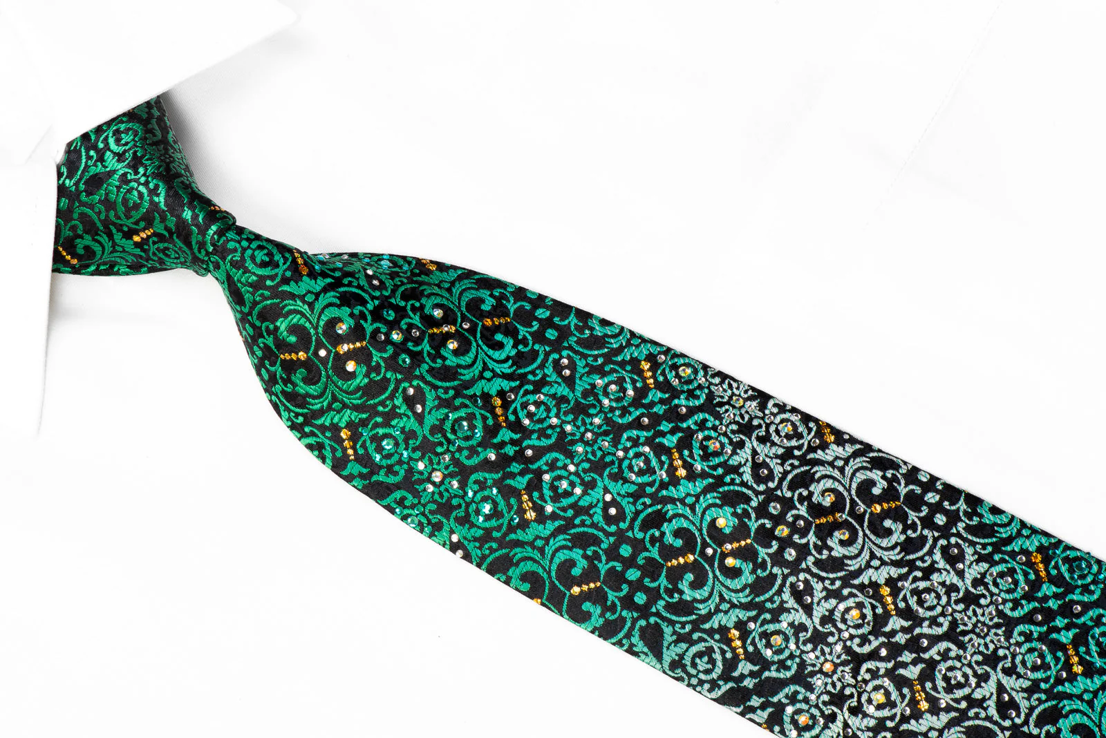 Perry Ellis Rhinestone Silk Tie Teal Acanthus On Black With Gold Sparkles - Image 2