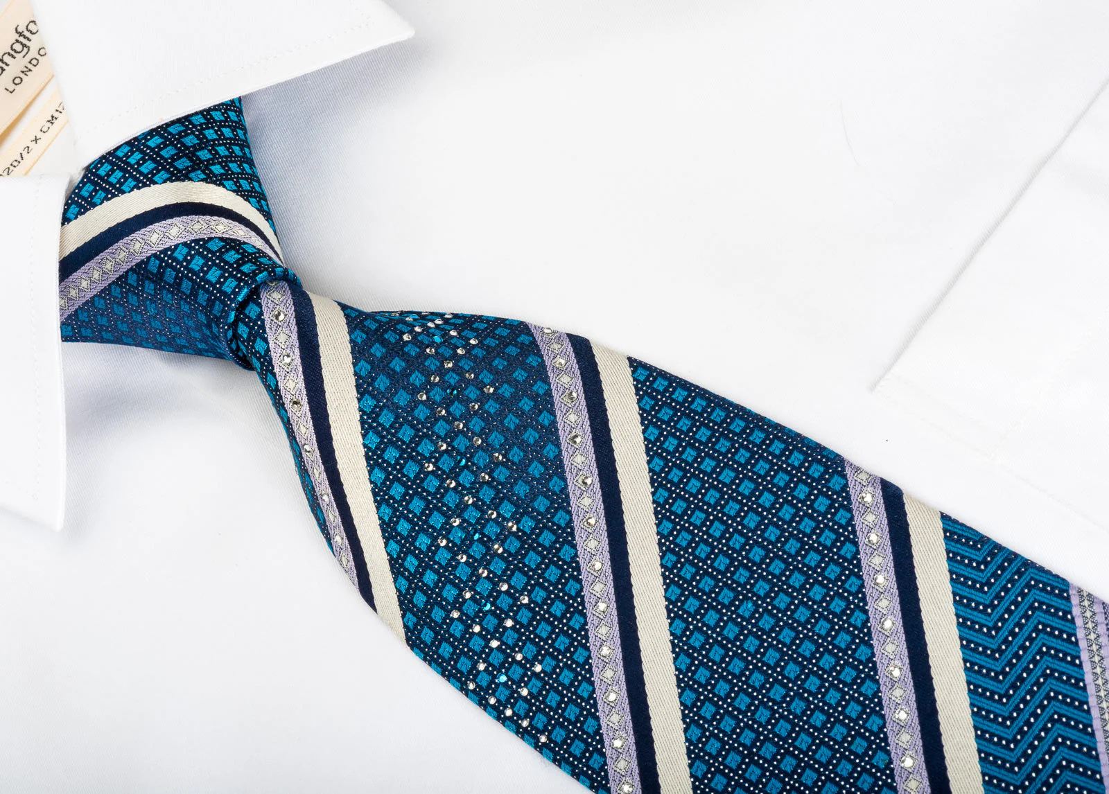 Perry Ellis Rhinestone Silk Tie Turquoise Striped On Navy With Silver Sparkles - Image 3