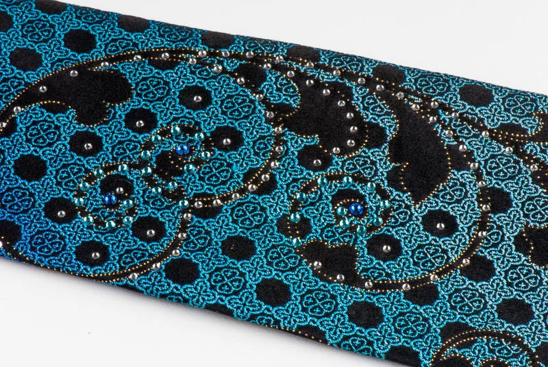Teal Blue Gold Scrolls On Black Rhinestone Silk Tie With Sparkles - Image 3