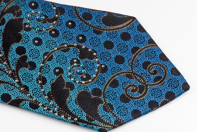 Teal Blue Gold Scrolls On Black Rhinestone Silk Tie With Sparkles - Image 4