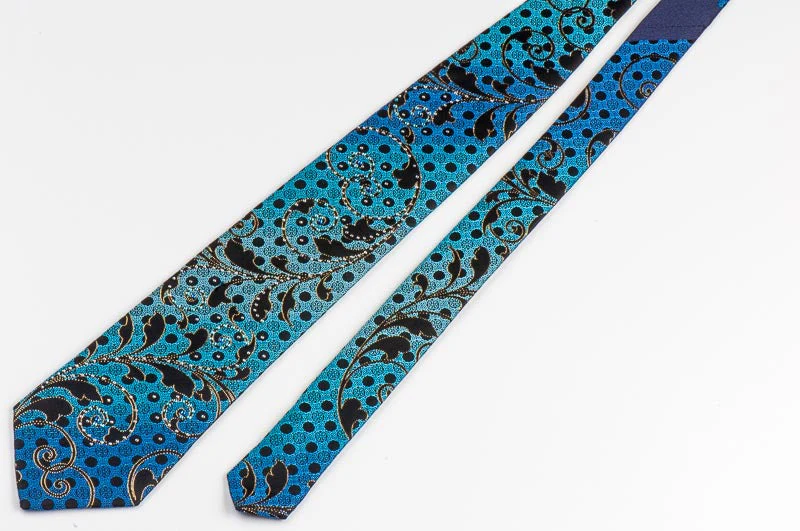 Teal Blue Gold Scrolls On Black Rhinestone Silk Tie With Sparkles - Image 5