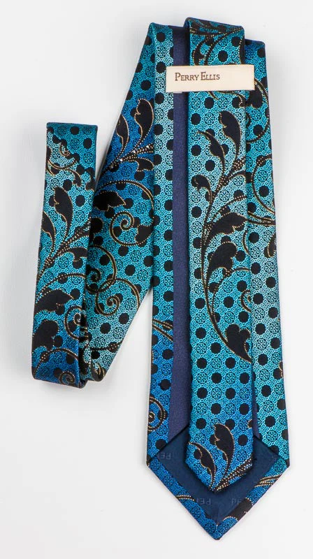 Teal Blue Gold Scrolls On Black Rhinestone Silk Tie With Sparkles - Image 6