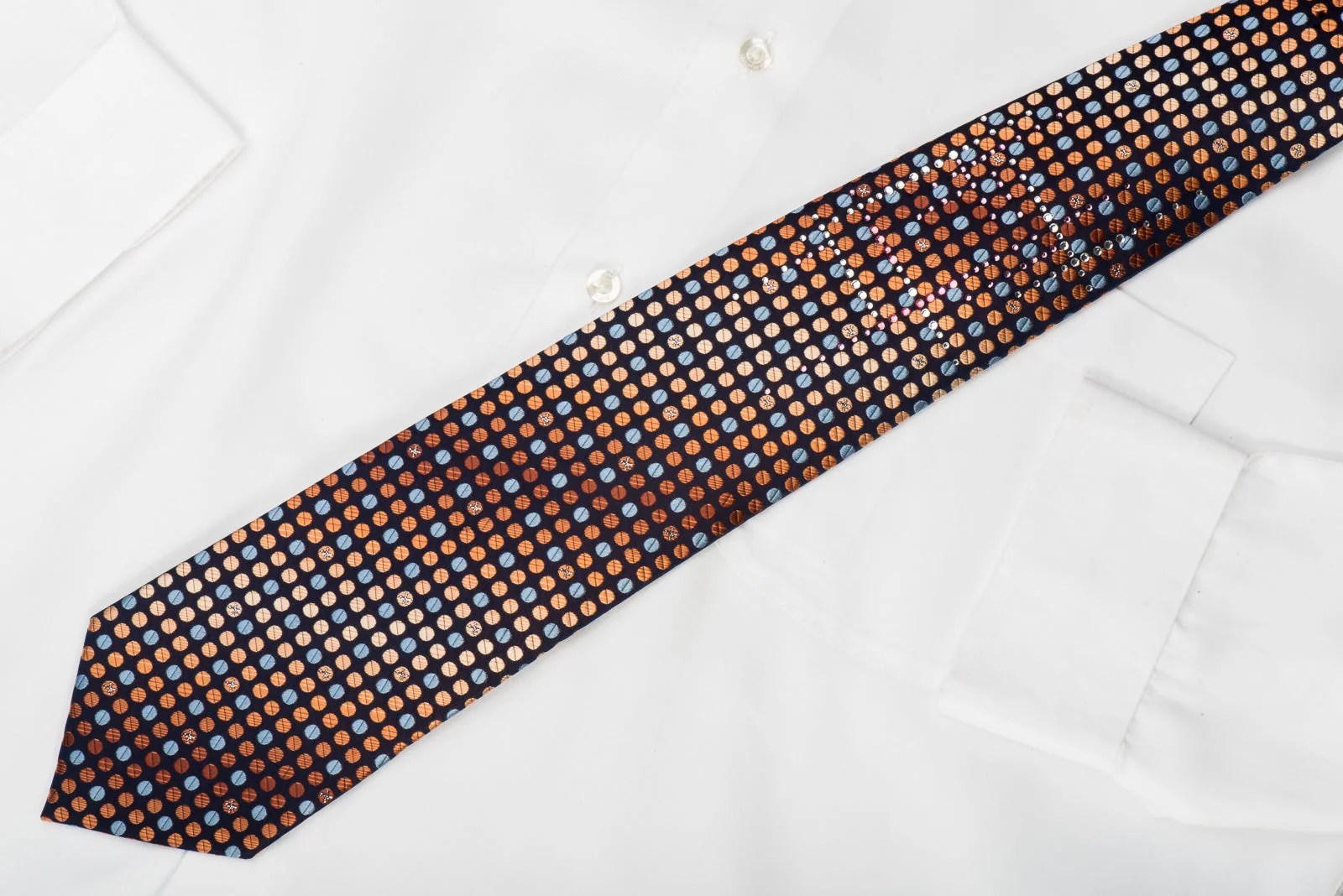 Perry Ellis Rhinestone Tie Blue Orange Dots On Navy With Silver Sparkles - Image 3