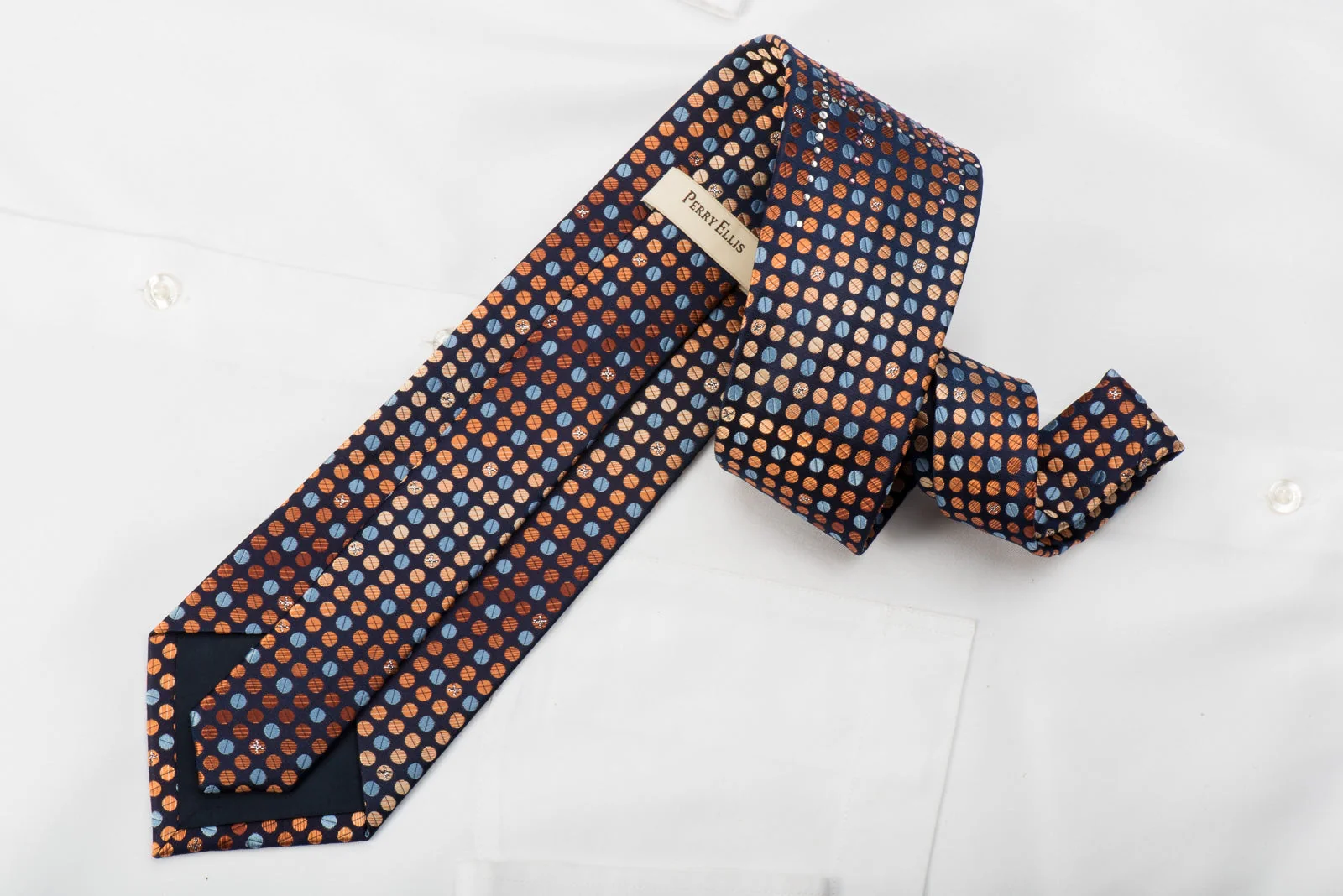 Perry Ellis Rhinestone Tie Blue Orange Dots On Navy With Silver Sparkles - Image 4