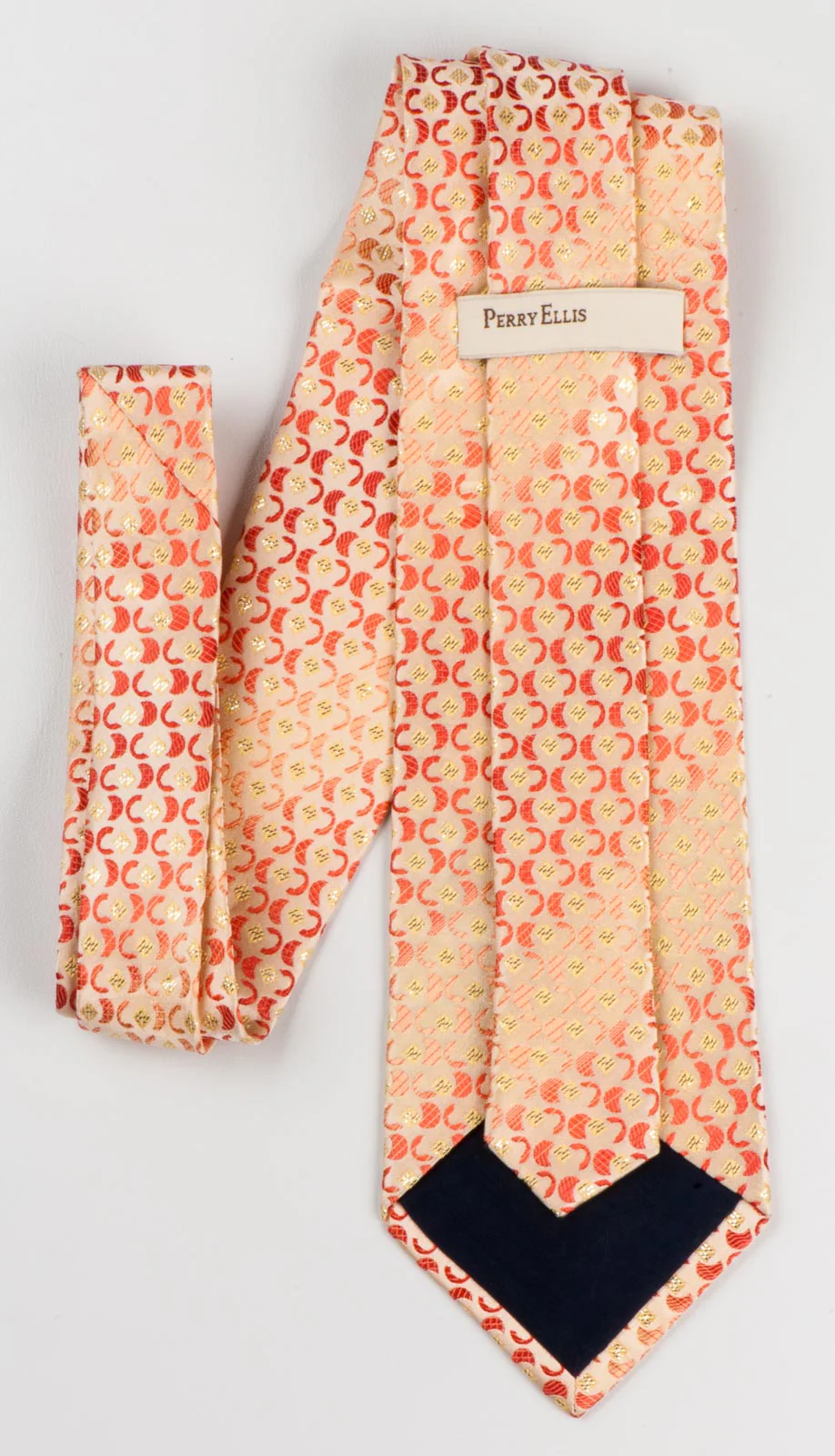 Perry Ellis Silk Neck Tie Geometric Design On Peach Orange With Silver Sparkles - Image 2