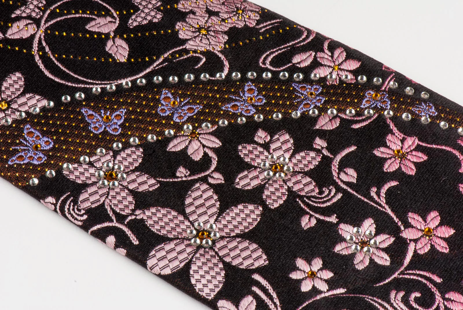 Orange Violet Floral & Butterflies On Brown Rhinestone Necktie With Silver Sparkles - Image 4