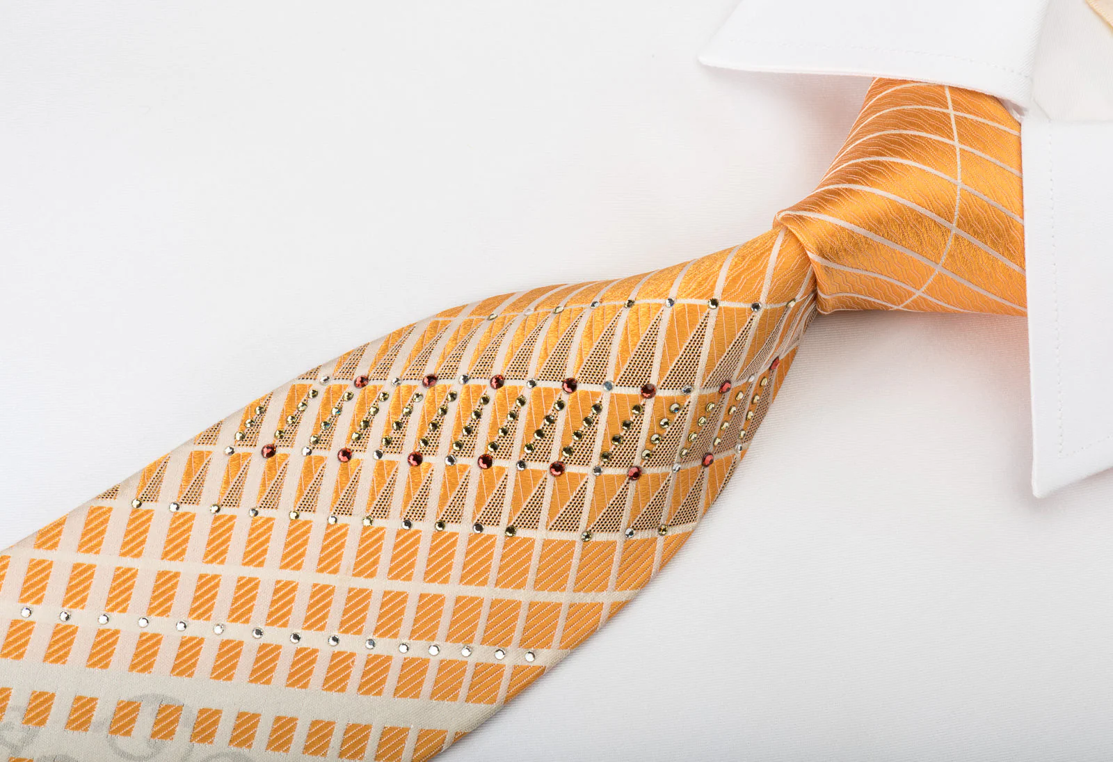 Perry Ellis Silk Necktie Orange Stripes Floral On White Sparkling With Rhinestones - Image 6