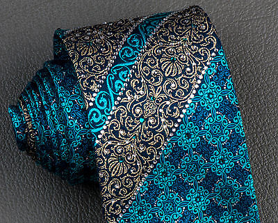 Perry Ellis Silk Necktie Turquoise Trellis & Silver On Black With Rhinestones - Image 2
