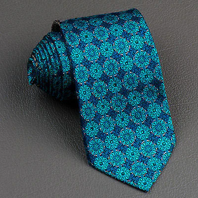 Perry Ellis Silk Necktie Turquoise Trellis & Silver On Black With Rhinestones - Image 3