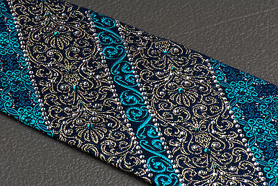 Perry Ellis Silk Necktie Turquoise Trellis & Silver On Black With Rhinestones - Image 5