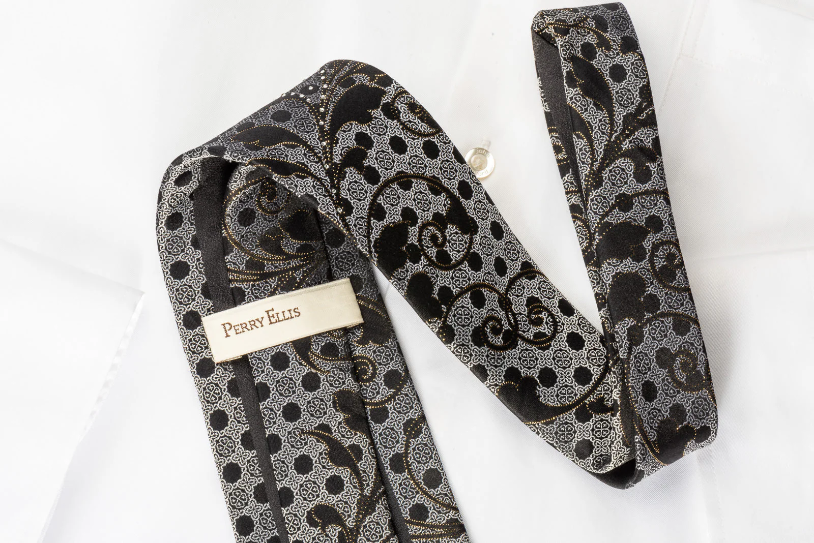 Perry Ellis Silk Rhinestone Necktie Black Vines On Silver With Sparkles - Image 4