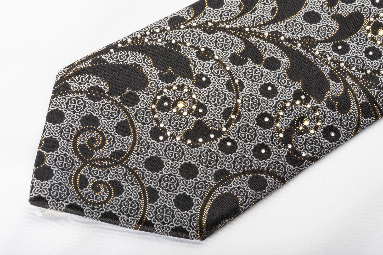 Perry Ellis Silk Rhinestone Necktie Black Vines On Silver With Sparkles - Image 5