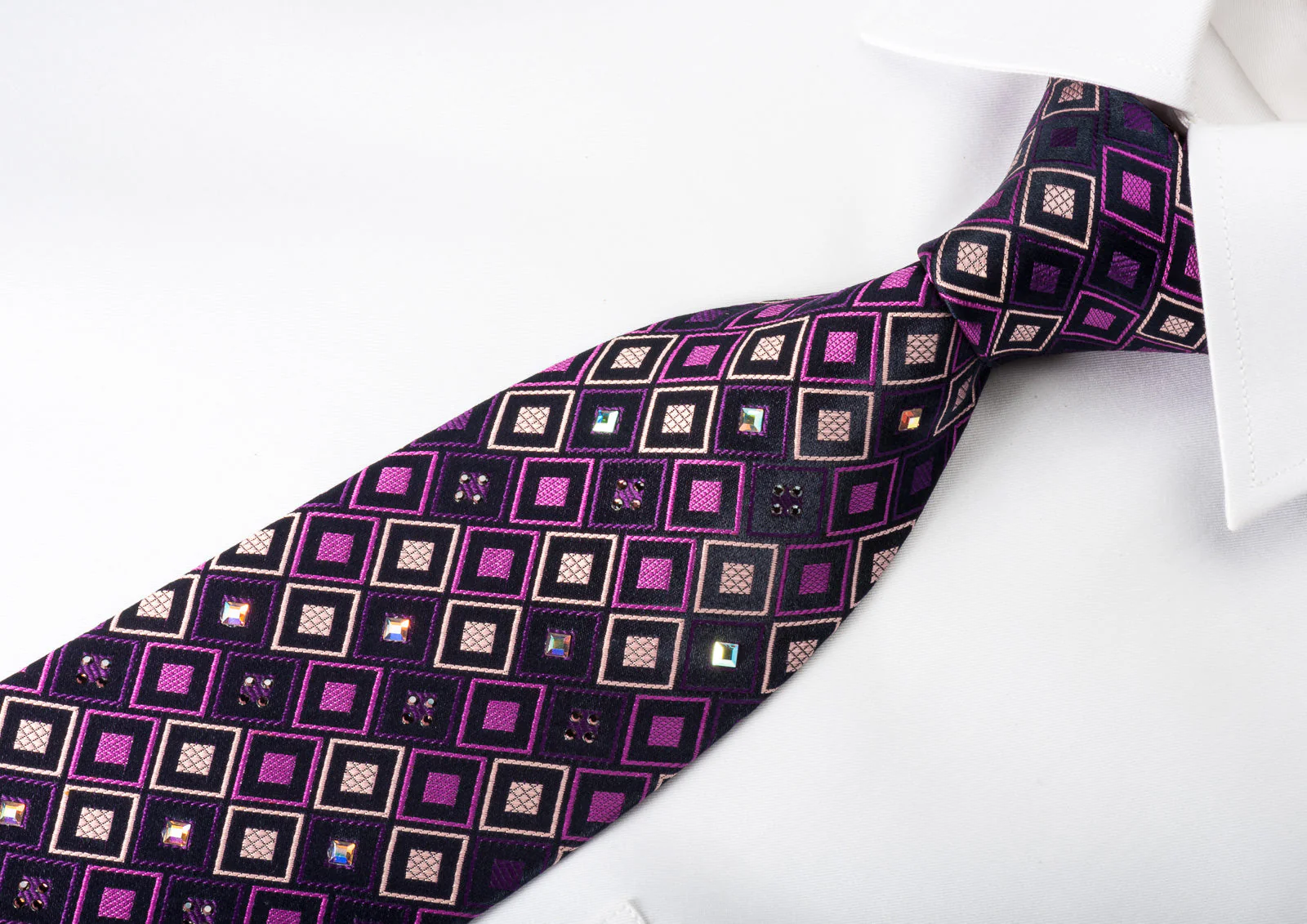 Perry Ellis Silk Rhinestone Necktie Checker On Purple With Square Rhinestones - Image 6