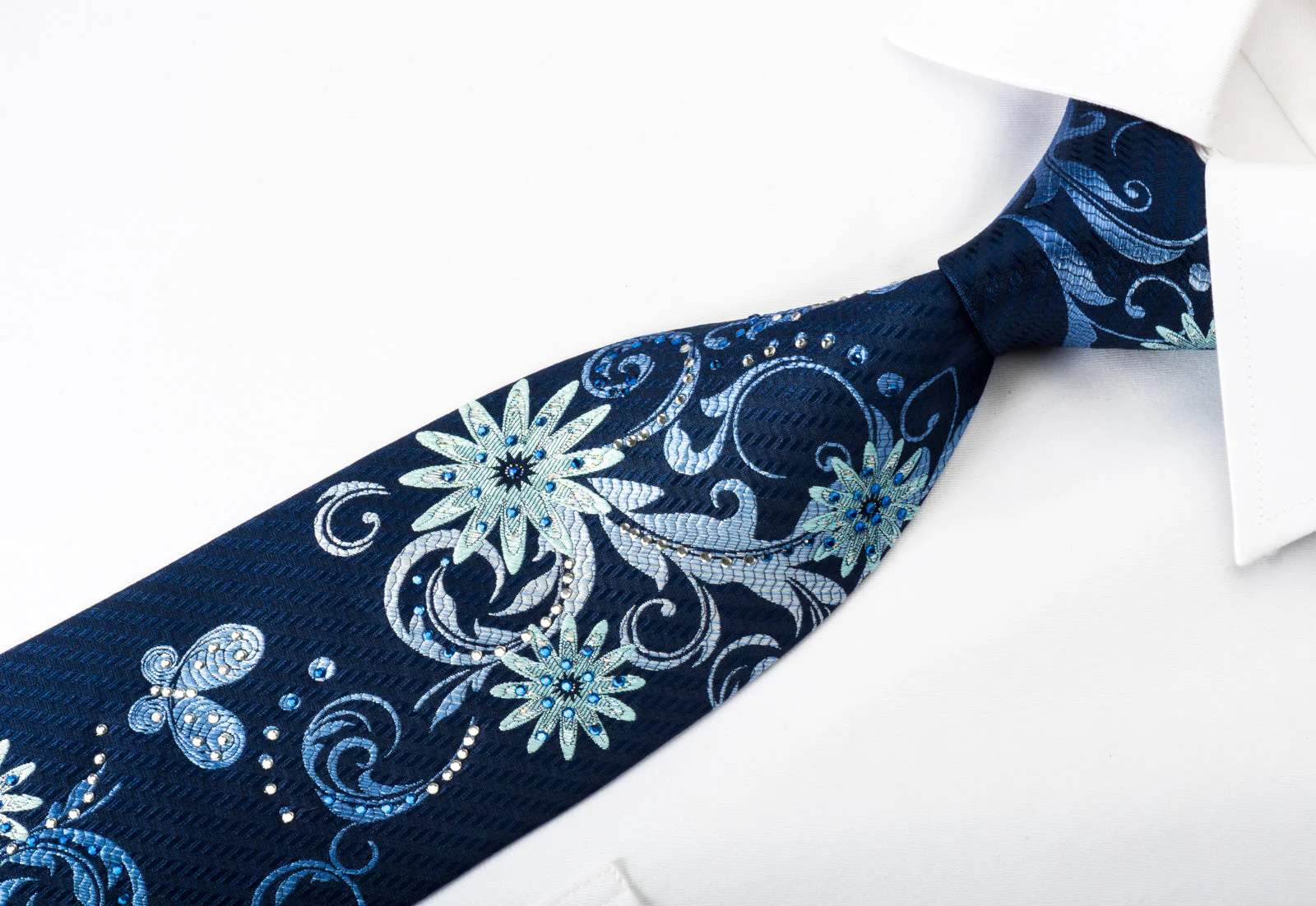 Perry Ellis Silk Rhinestone Necktie Floral On Blue With Silver Sparkles - Image 3