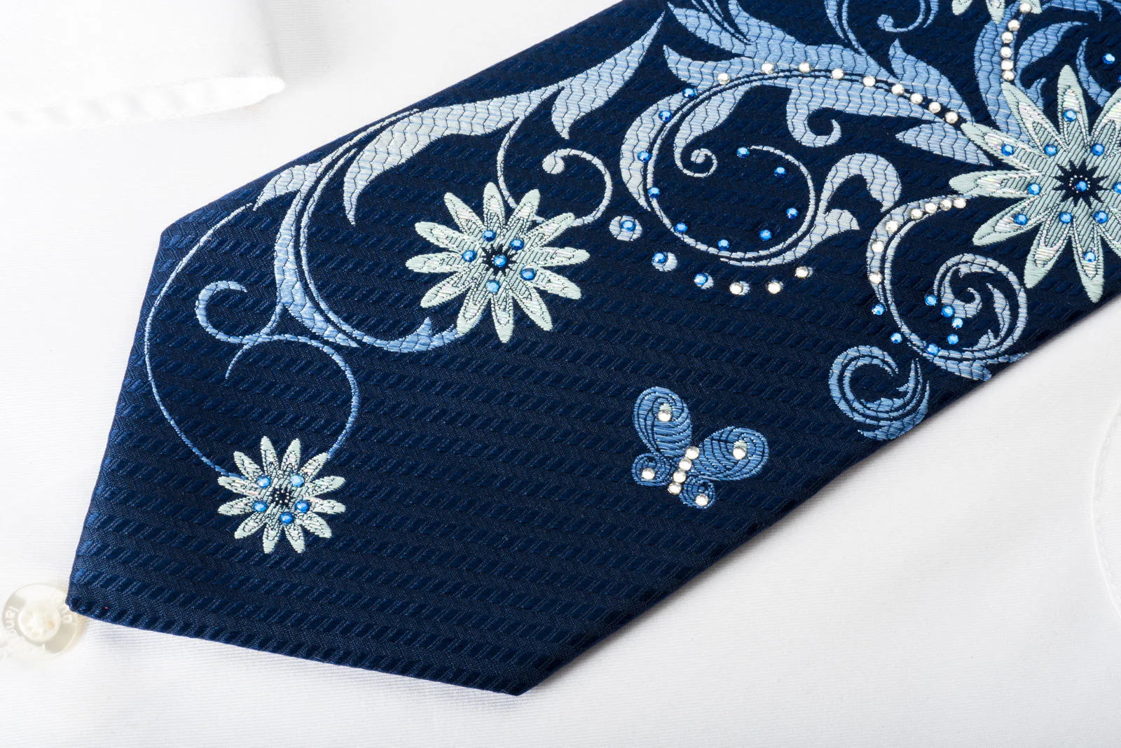 Perry Ellis Silk Rhinestone Necktie Floral On Blue With Silver Sparkles - Image 4