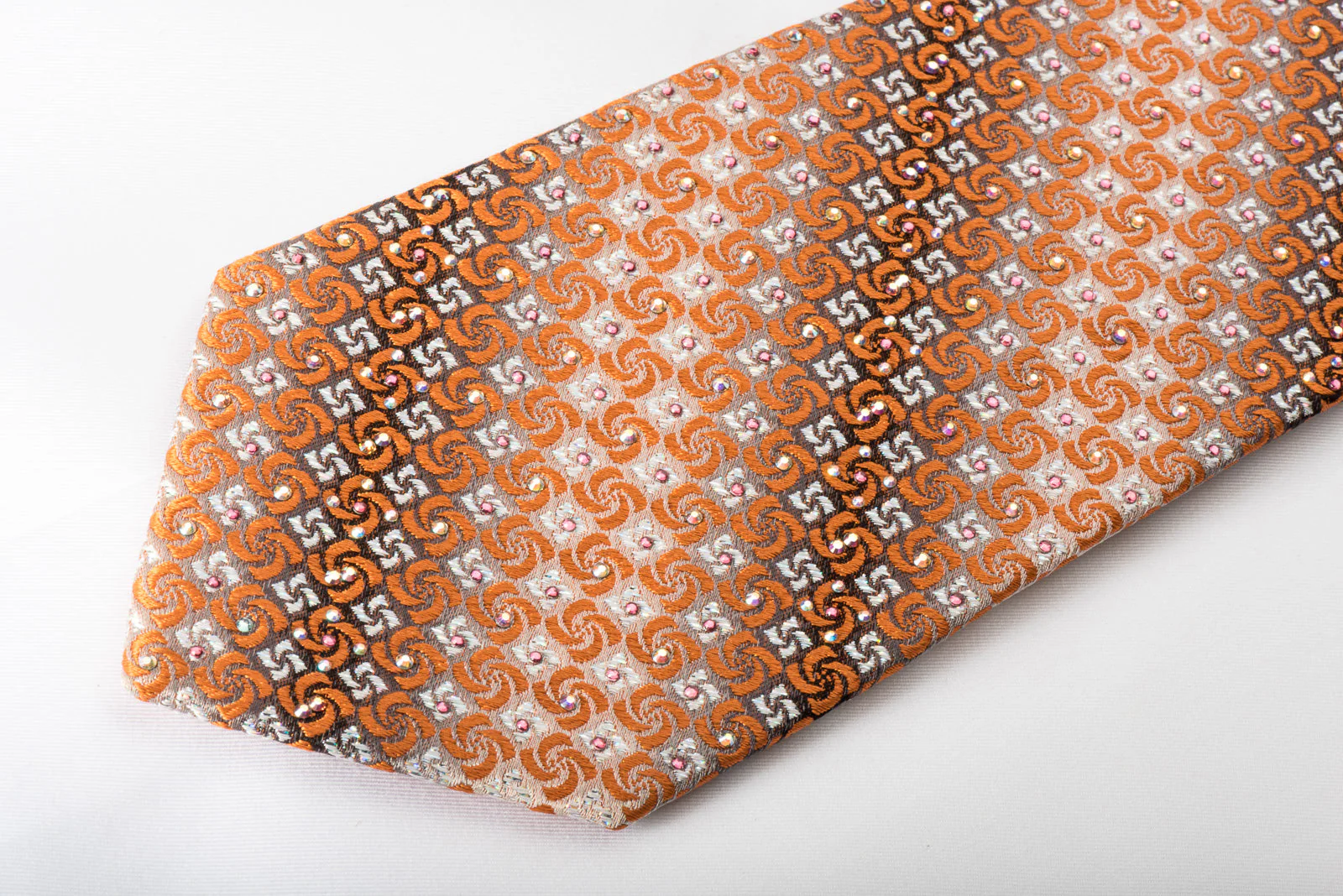 Perry Ellis Silk Rhinestone Necktie Orange Spirals On Silver With Sparkles - Image 2