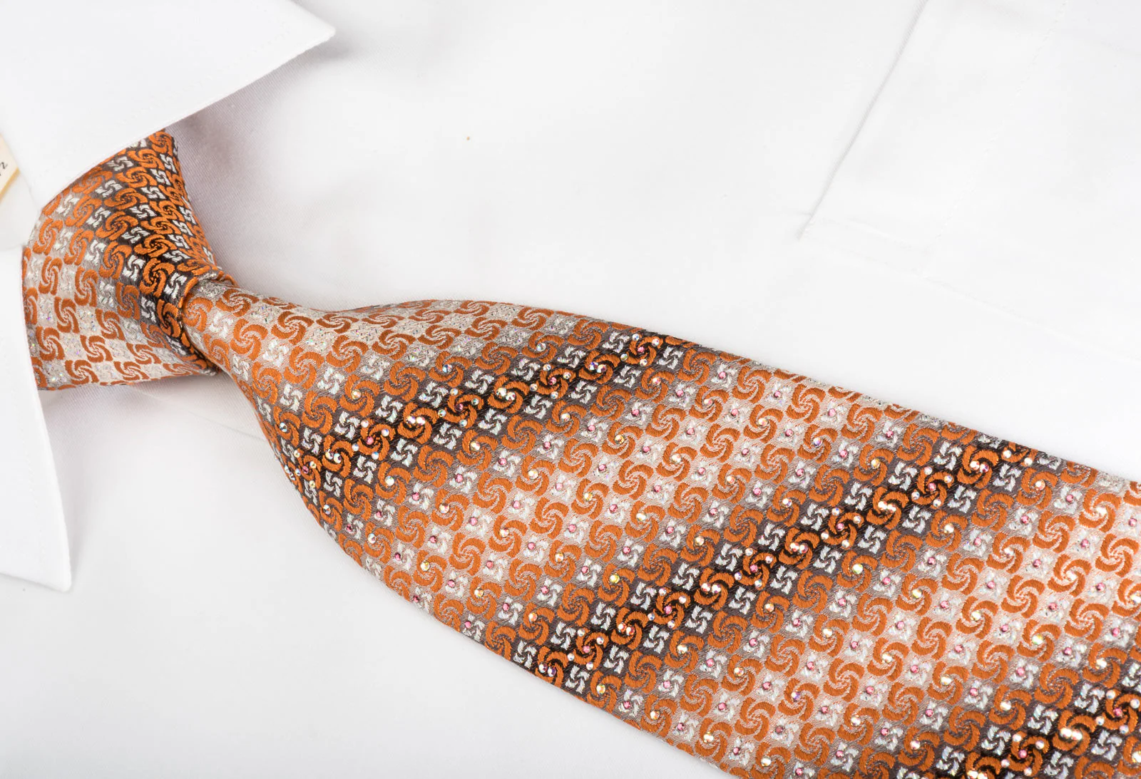 Perry Ellis Silk Rhinestone Necktie Orange Spirals On Silver With Sparkles - Image 3
