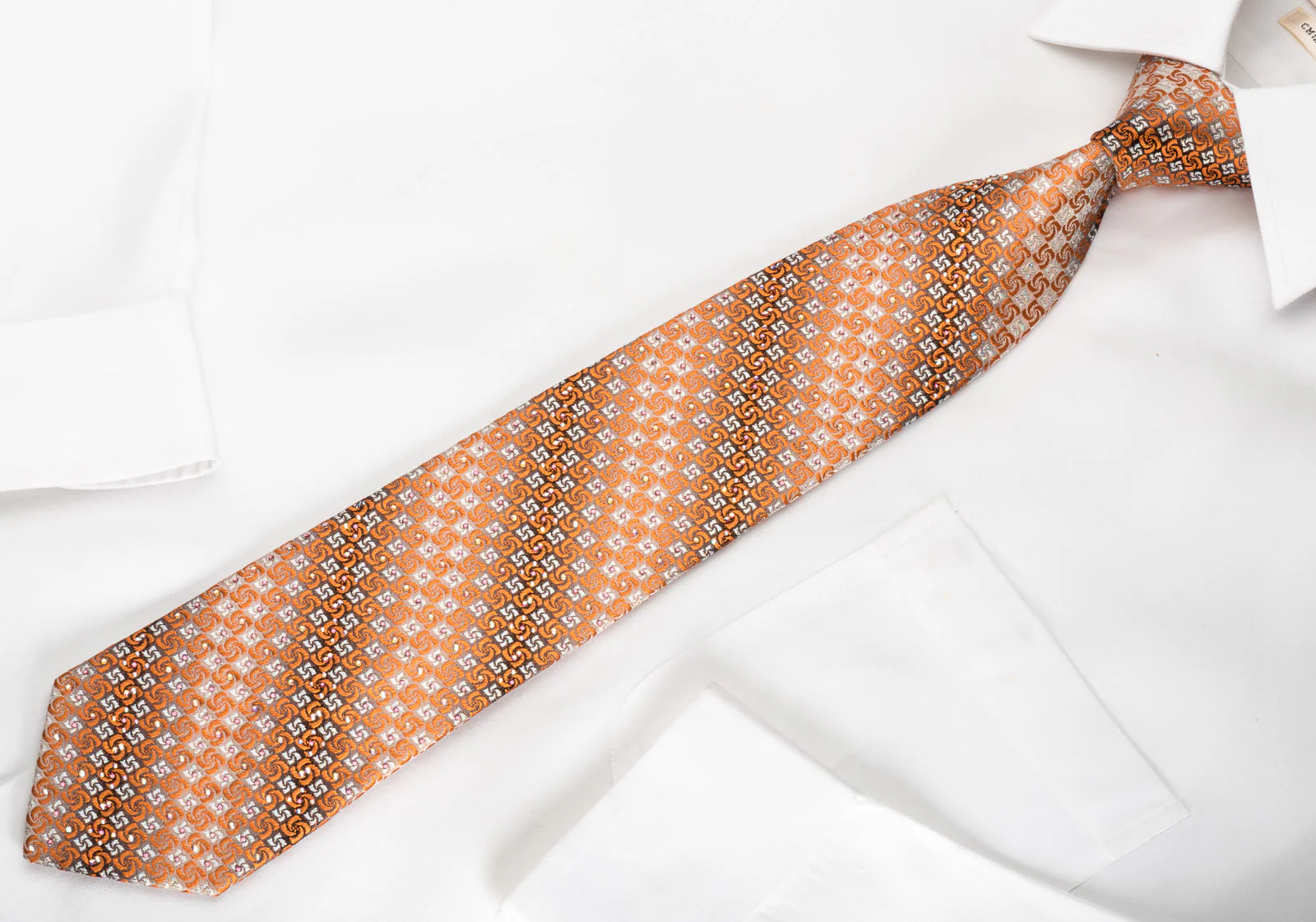 Perry Ellis Silk Rhinestone Necktie Orange Spirals On Silver With Sparkles - Image 4