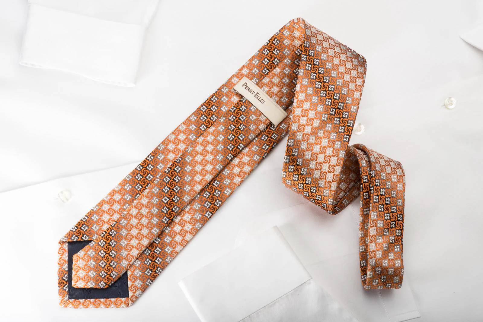 Perry Ellis Silk Rhinestone Necktie Orange Spirals On Silver With Sparkles - Image 5