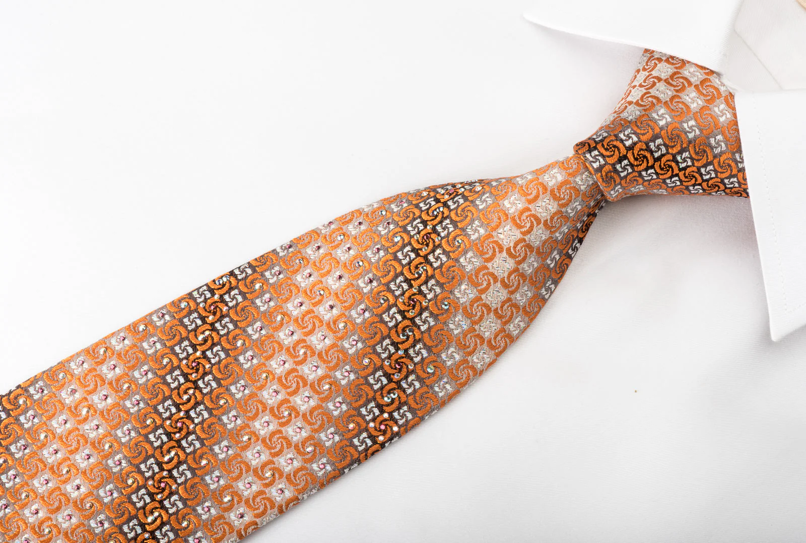 Perry Ellis Silk Rhinestone Necktie Orange Spirals On Silver With Sparkles - Image 6