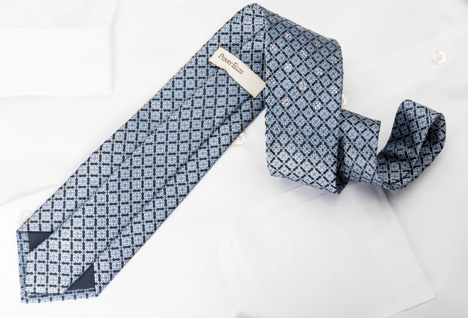 Perry Ellis Silk Rhinestone Necktie Trellis On Blue With Silver Sparkles - Image 4
