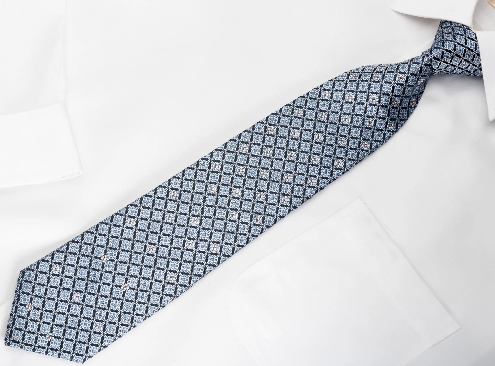 Perry Ellis Silk Rhinestone Necktie Trellis On Blue With Silver Sparkles - Image 5