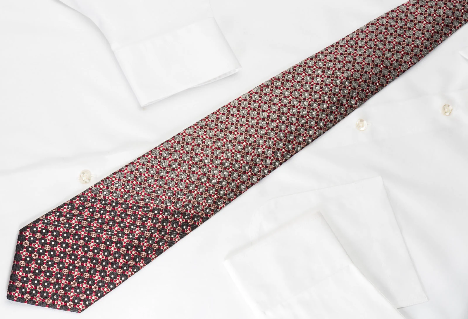 Perry Ellis Silk Rhinestone Tie Silver Burgundy Trellis Checkered With Silver Sparkles - Image 3