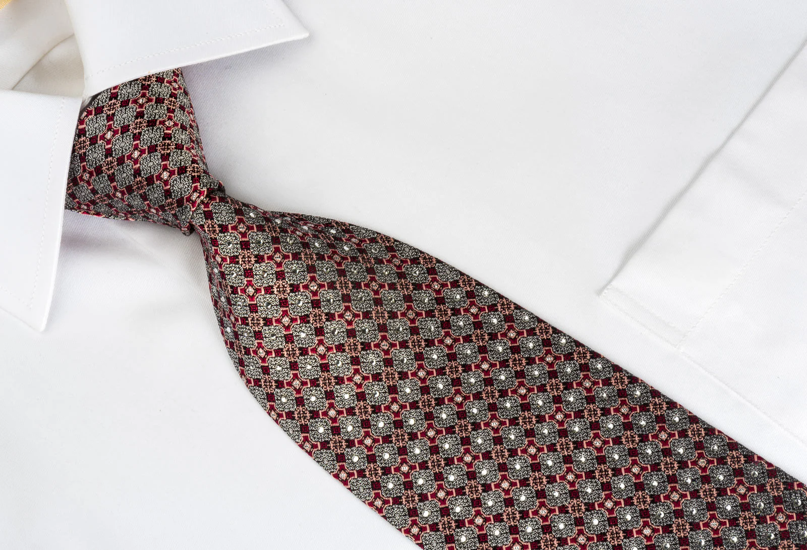 Perry Ellis Silk Rhinestone Tie Silver Burgundy Trellis Checkered With Silver Sparkles - Image 4