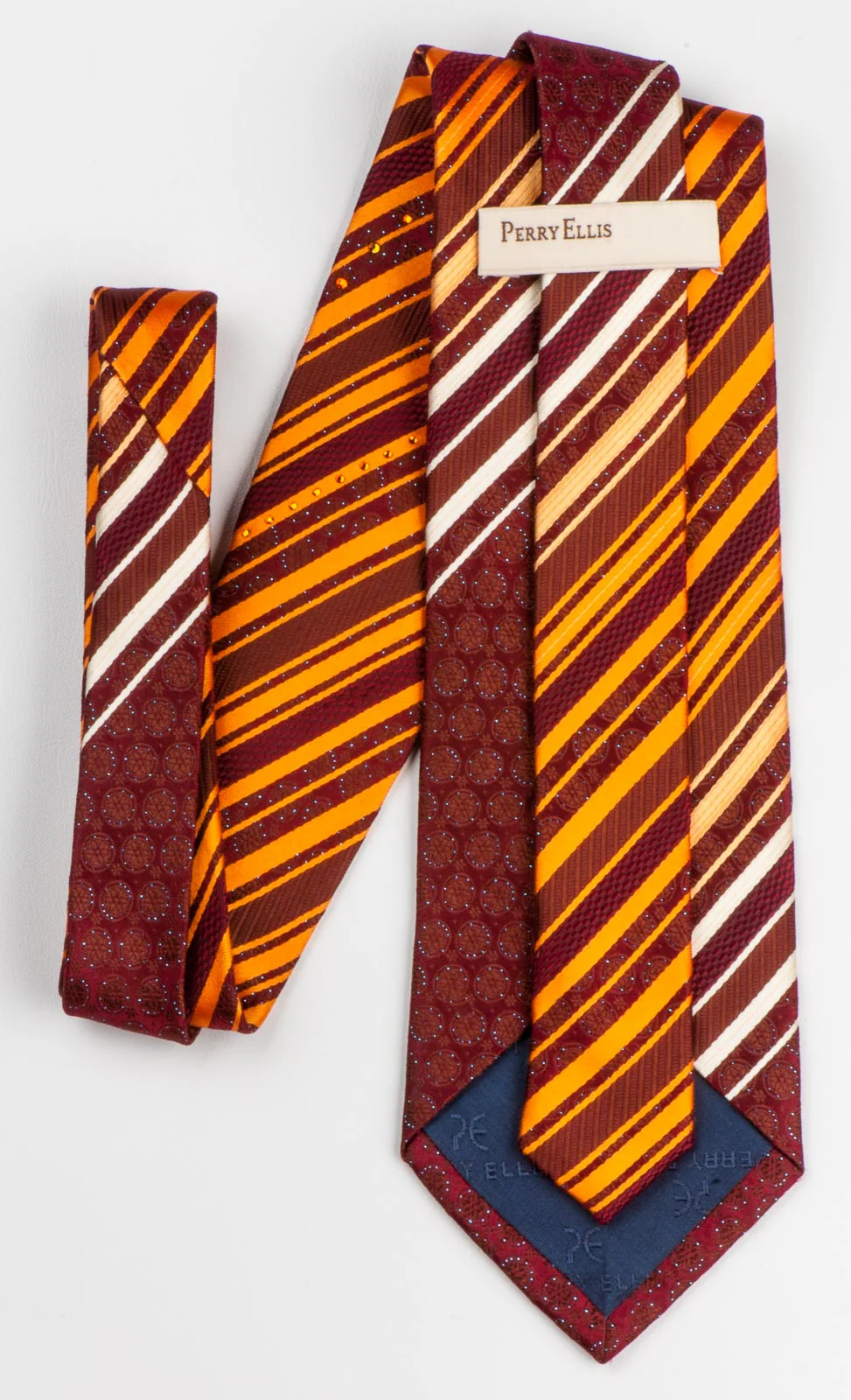 Perry Ellis Woven Silk Neck Tie Orange Stripes On Burgundy With Rhinestones - Image 3