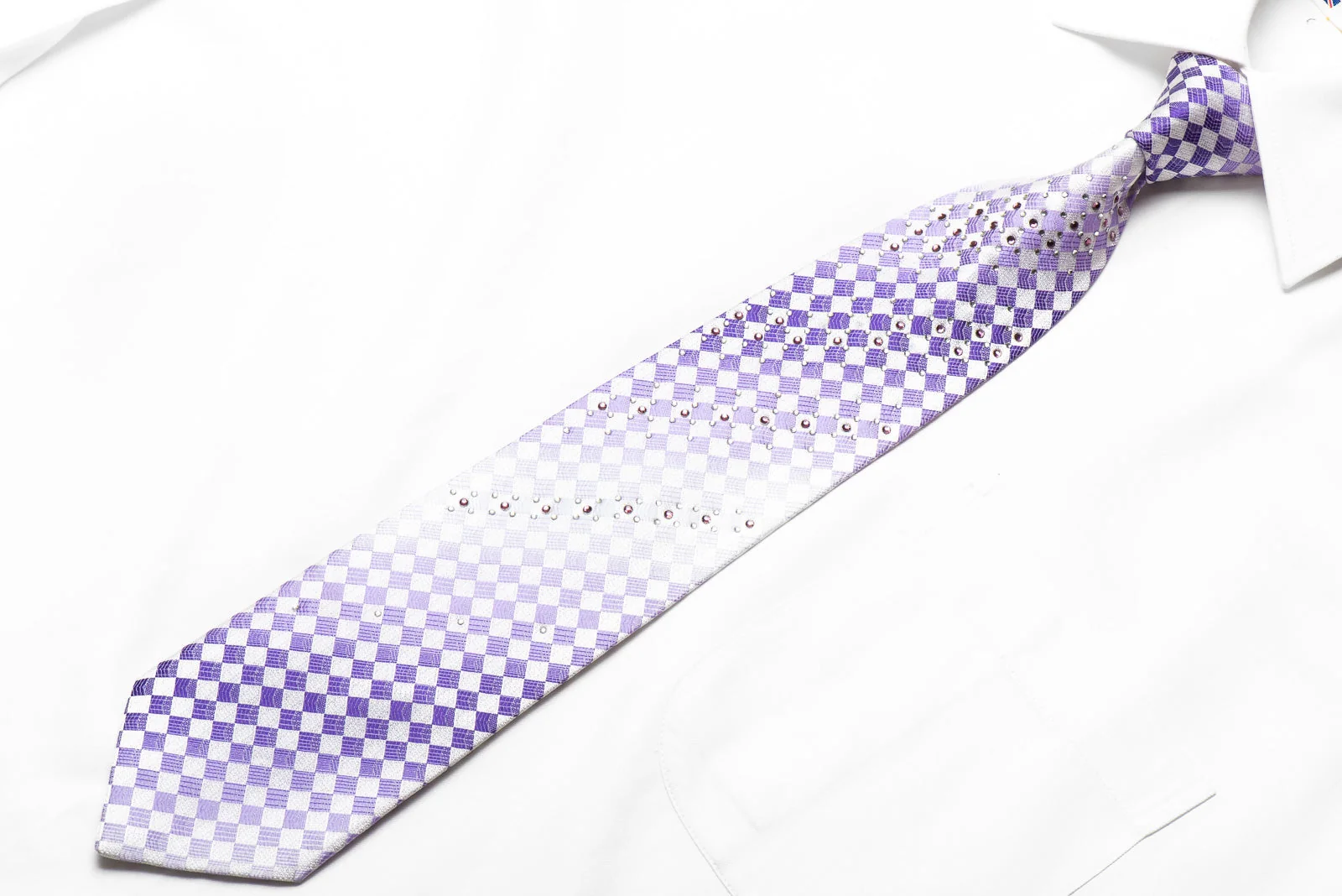 Piccioni Marco Men's Crystal Necktie Mauve White Checkered Sparkling With Rhinestones - Image 3