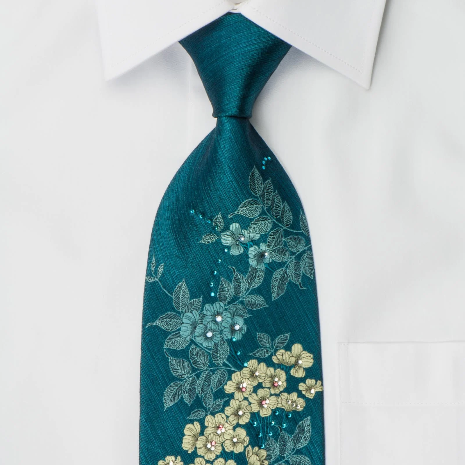 Pierre Balmain Men's Silk Necktie Floral Design On Turquoise With Rhinestones - Image 3