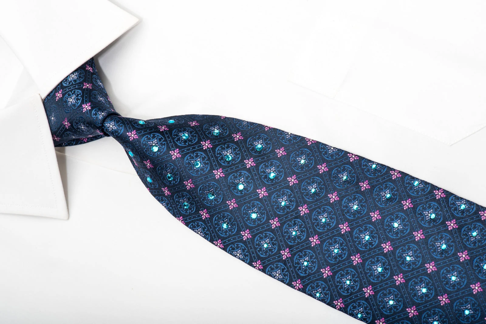 Pierre Balmain Mens Silk Tie Cartouche On Blue Sparkling With Crystal Rhinestones - Image 3