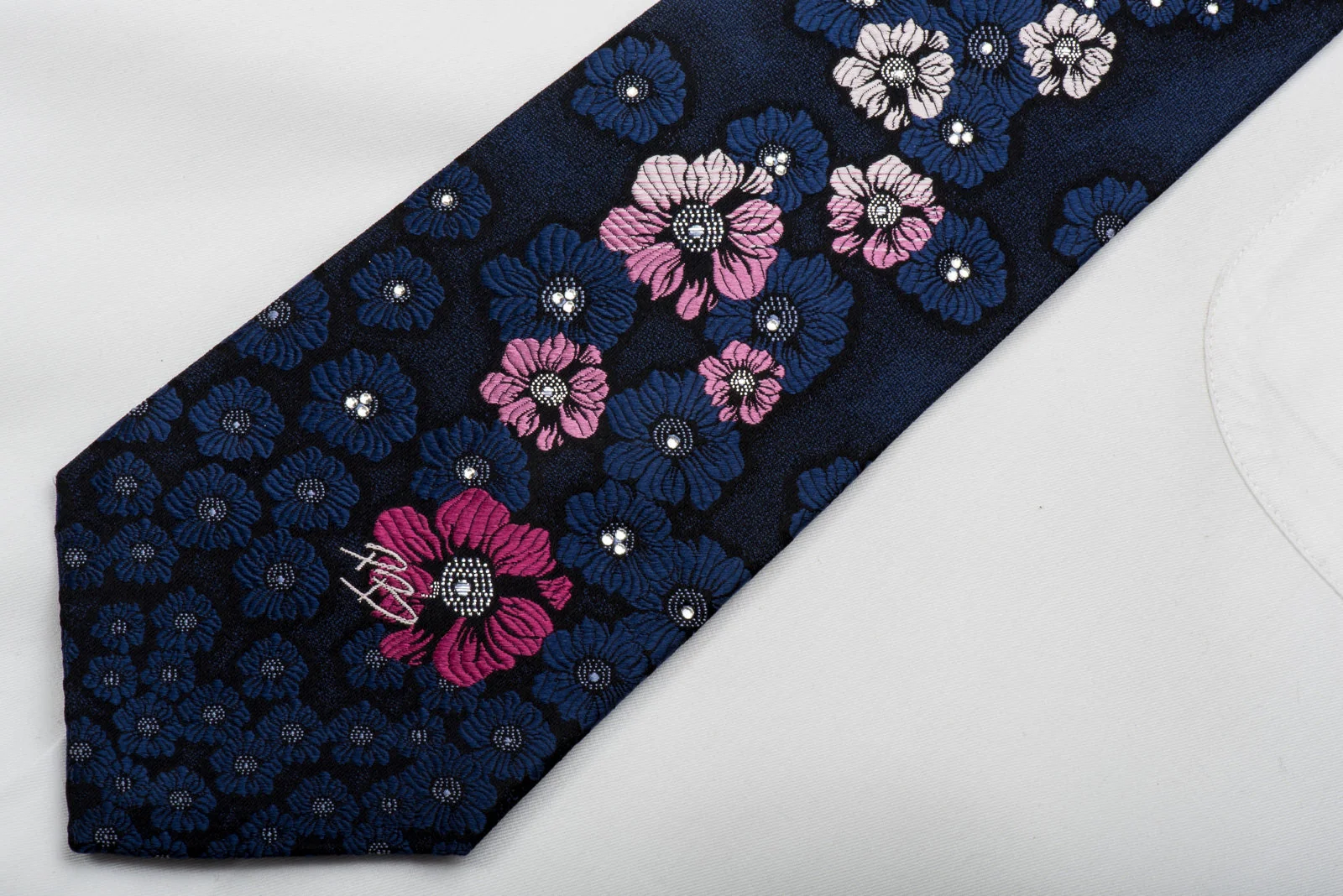 Pierre Balmain Rhinestone Necktie Floral On Blue With Silver Sparkles - Image 3