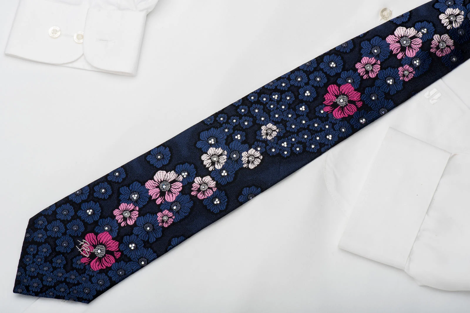 Pierre Balmain Rhinestone Necktie Floral On Blue With Silver Sparkles - Image 4