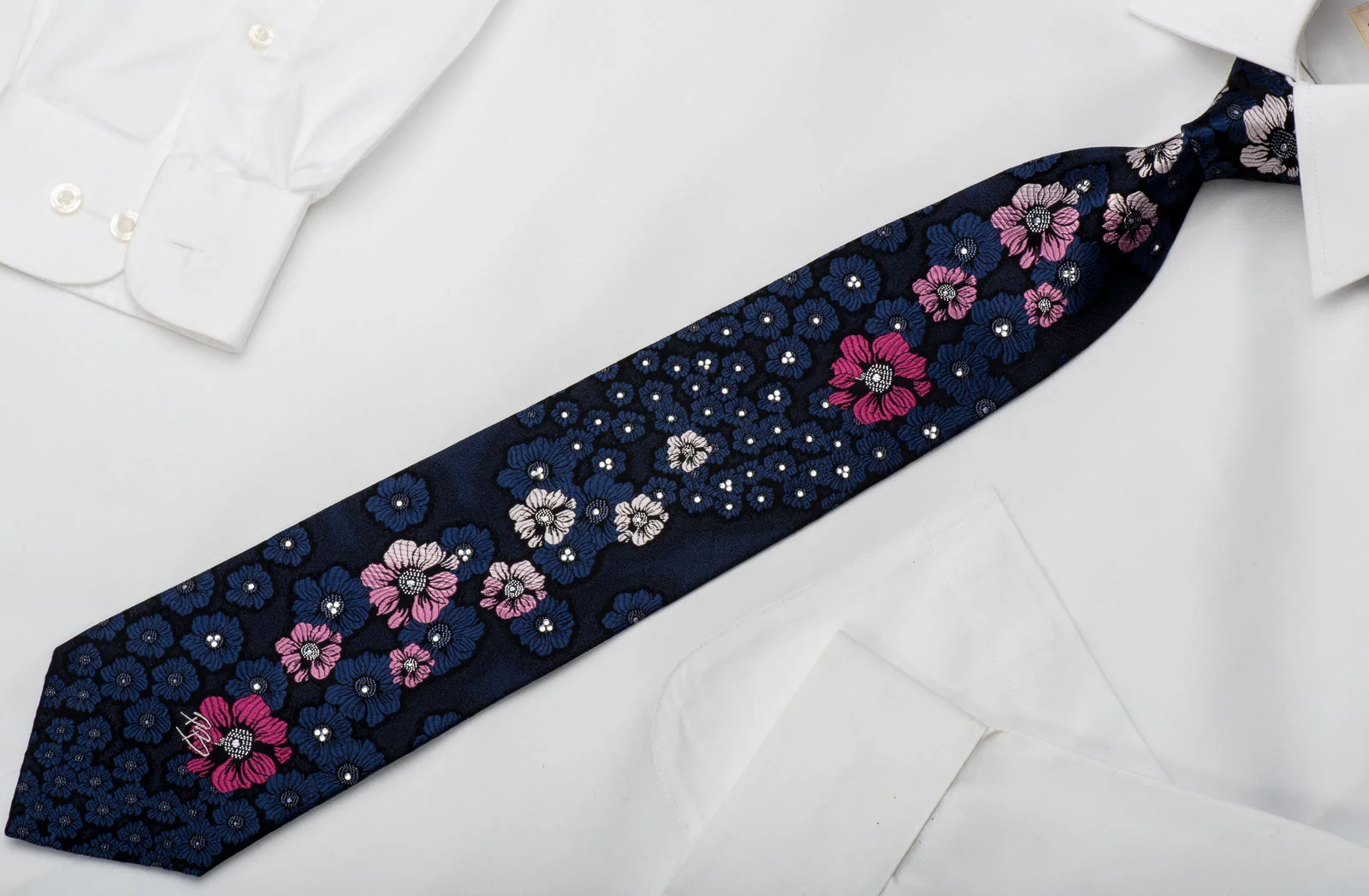 Pierre Balmain Rhinestone Necktie Floral On Blue With Silver Sparkles - Image 5