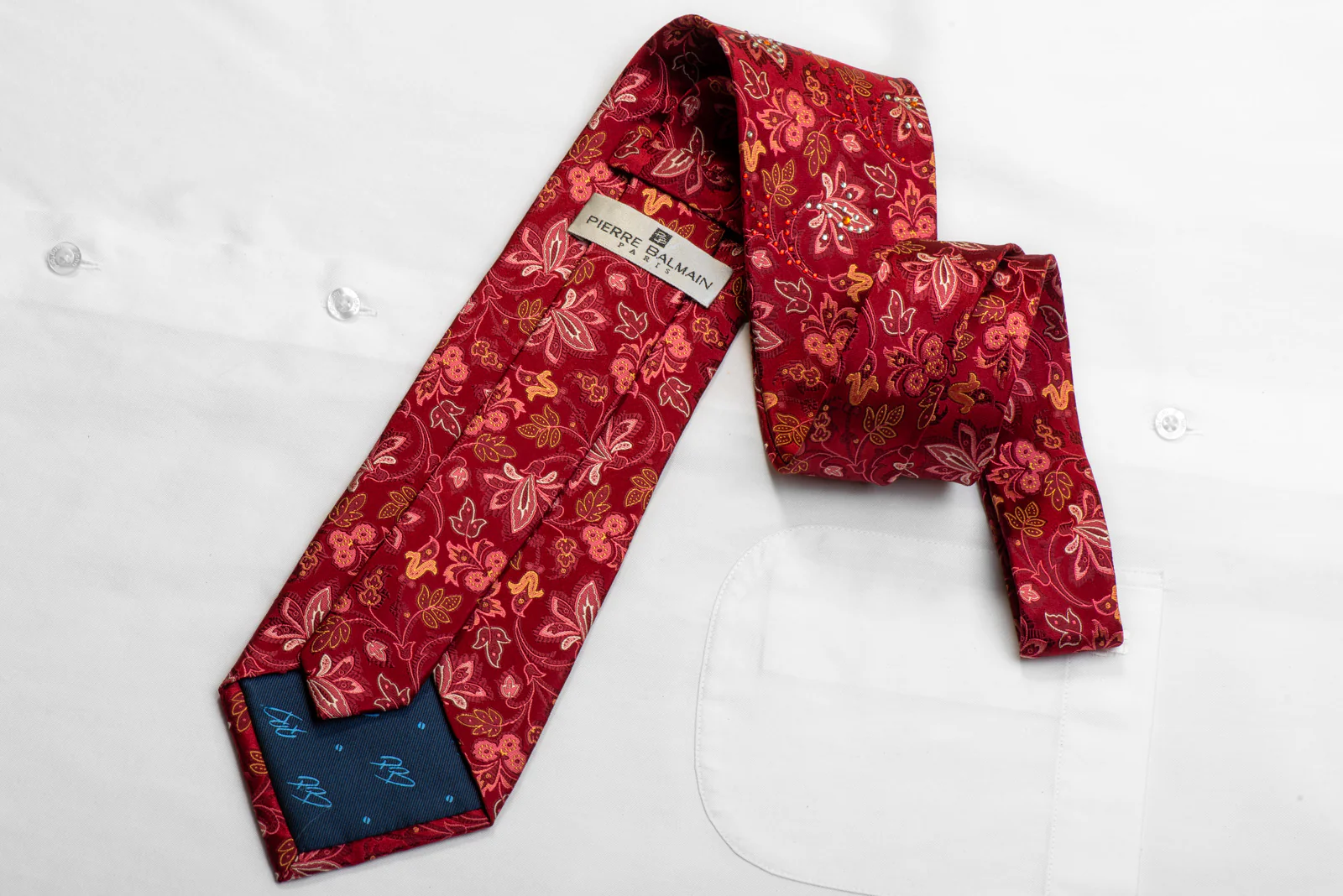 Pierre Balmain Rhinestone Silk Necktie Anthemion Floral On Burgundy - Image 4