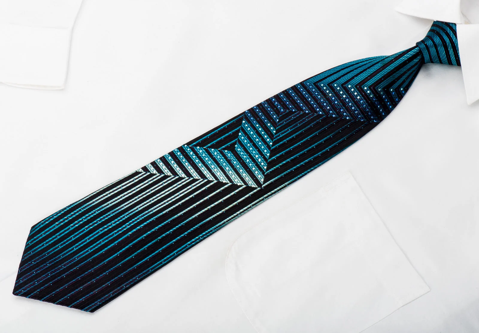 Pierre Balmain Mens Rhinestone Silk Necktie Chevron Stripes On Blue With Sparkles - Image 4