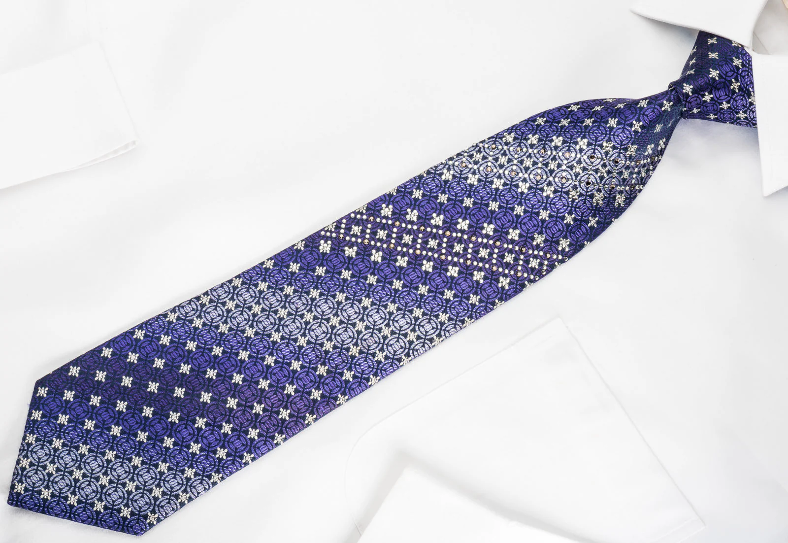 Pierre Balmain Rhinestone Silk Necktie Circles& Crosses On Purple With Silver Sparkles - Image 3