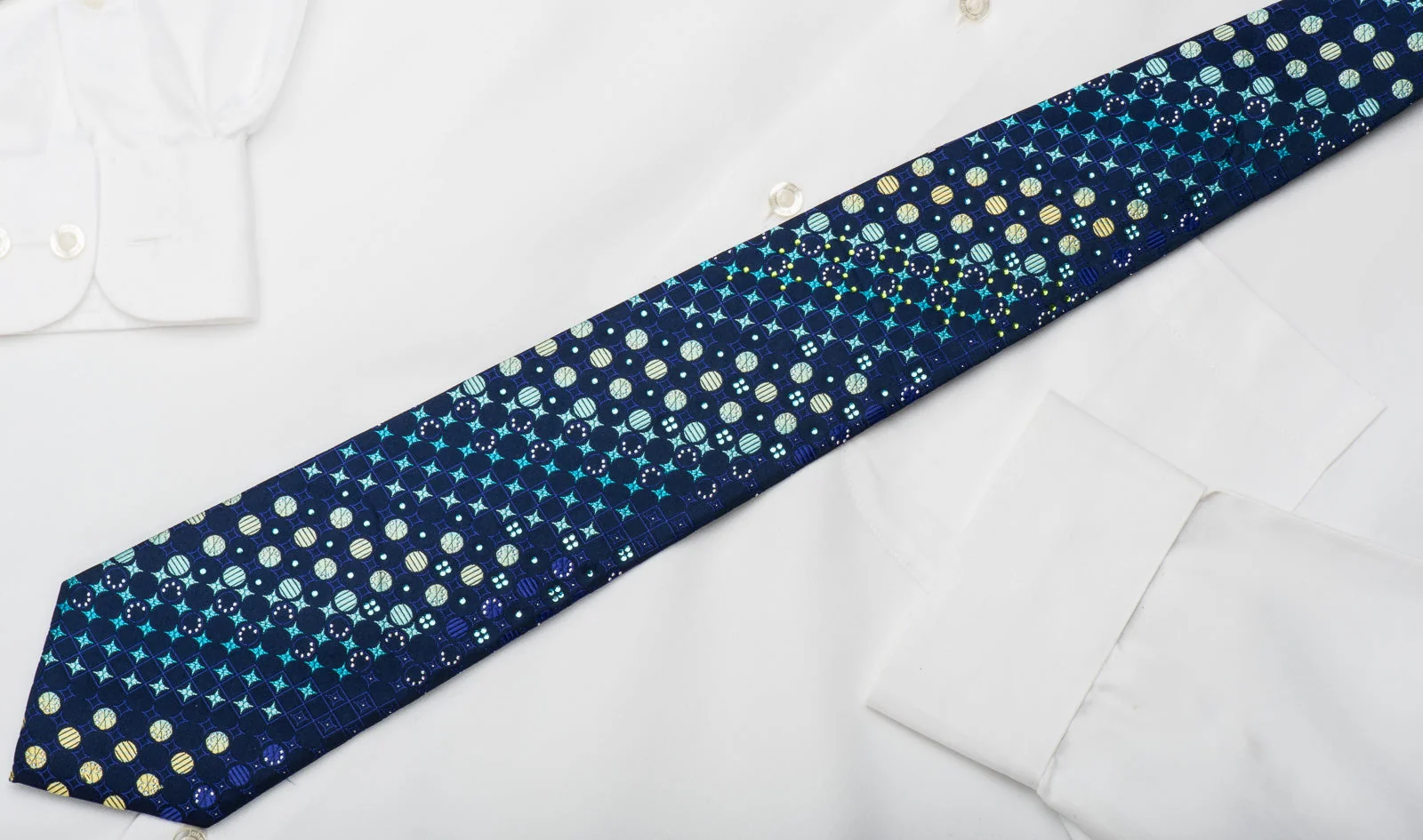 Pierre Balmain Rhinestone Silk Necktie Teal Green Geometric On Blue With Sparkles - Image 4