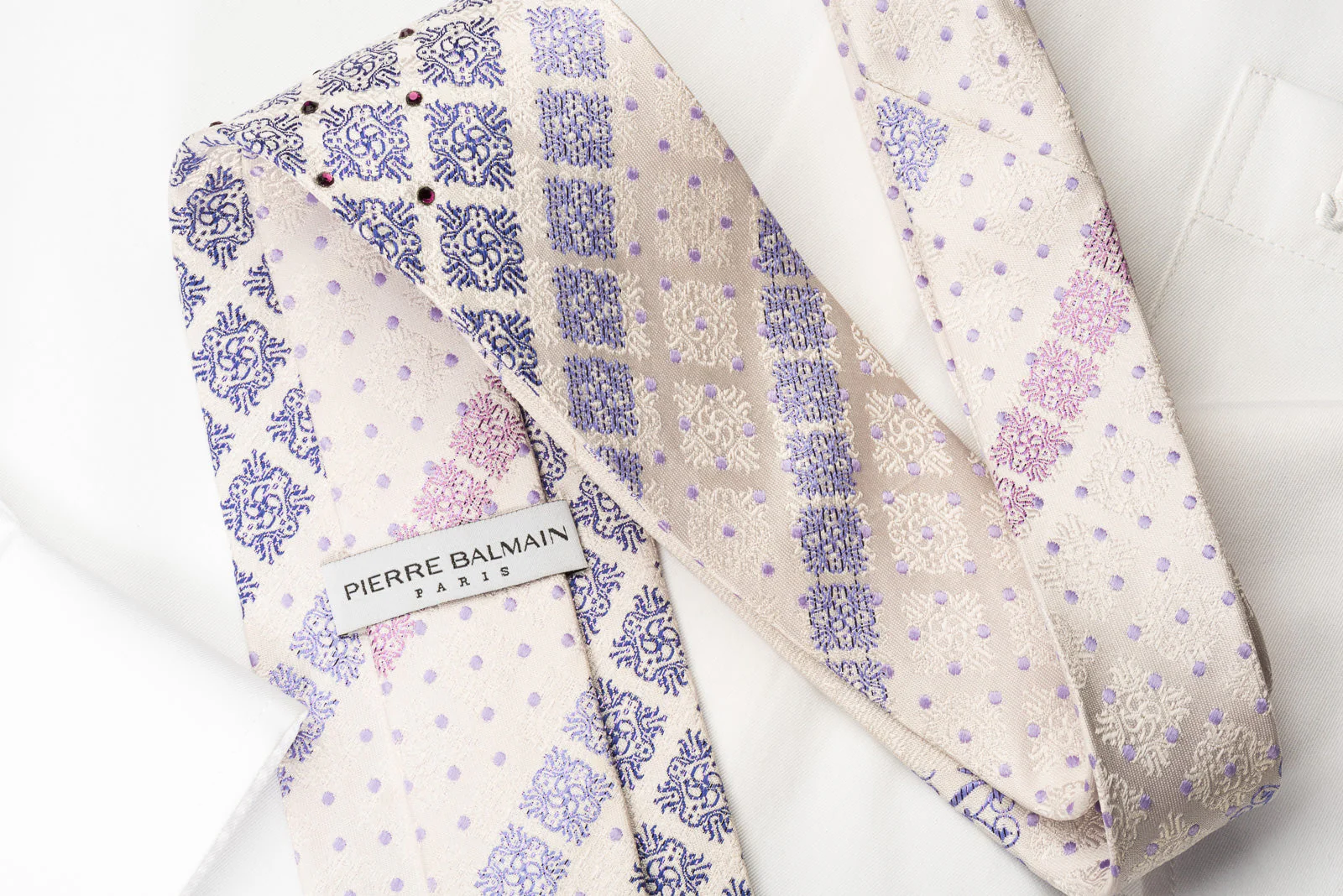 Pierre Balmain Silk Tie Purple Cartouche On White With Rhinestones Purple Silver Sparkles - Image 3