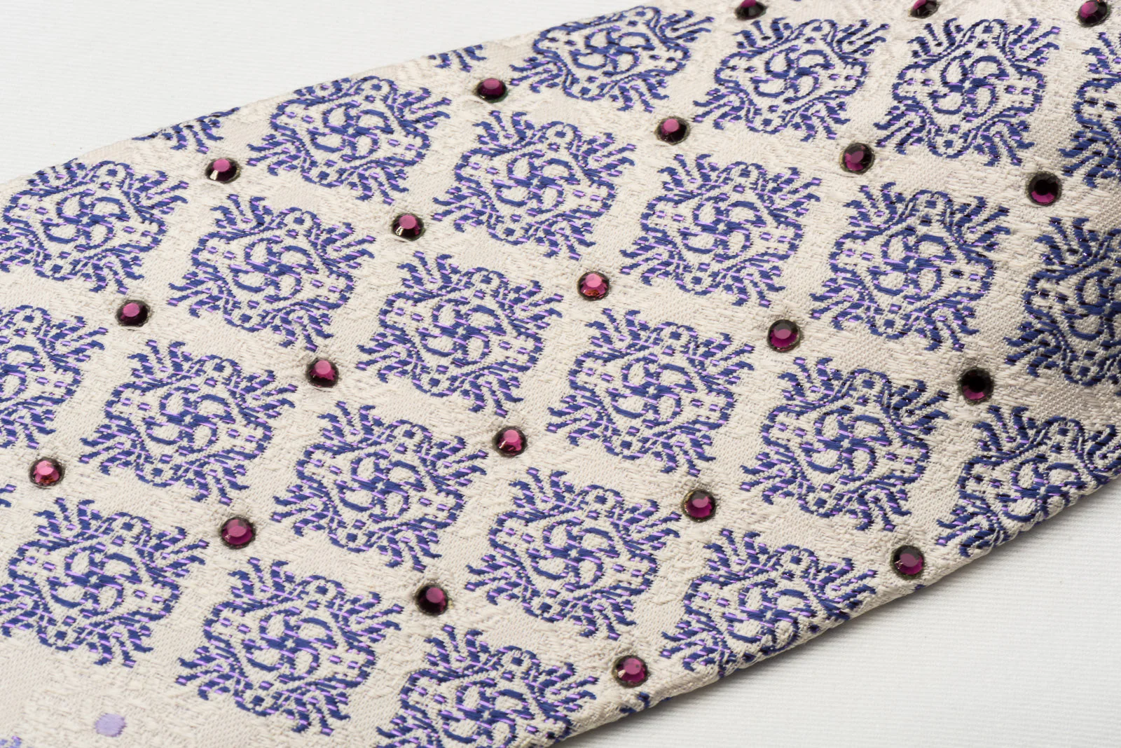 Pierre Balmain Silk Tie Purple Cartouche On White With Rhinestones Purple Silver Sparkles - Image 5