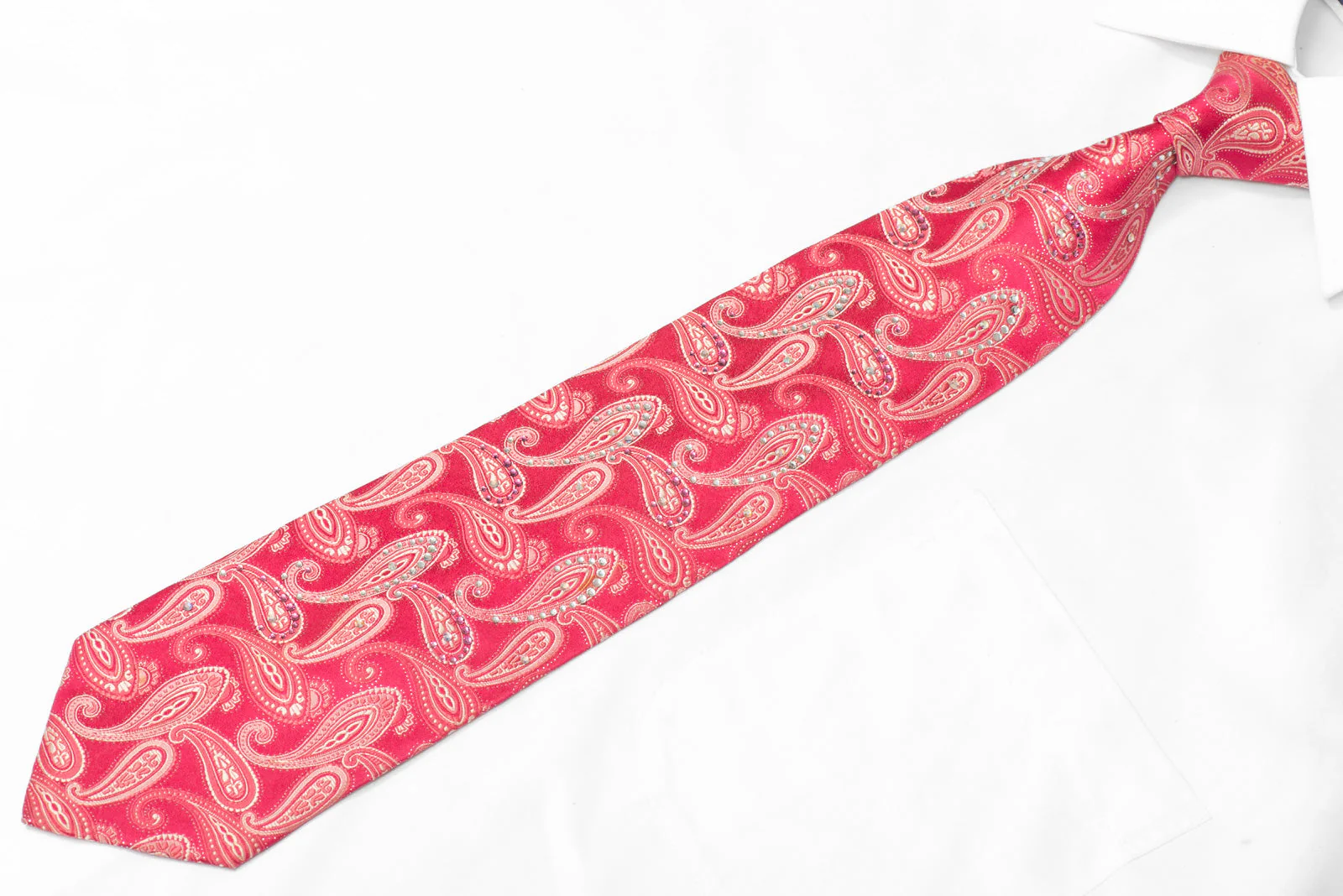 Silver Paisley On Pink Rhinestone Silk Necktie With Silver Sparkles - Image 3